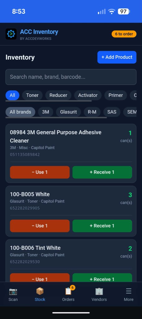 ACC Inventory mobile app — paint and collision shop stock with barcode search, brand filters, Use 1 and Receive 1