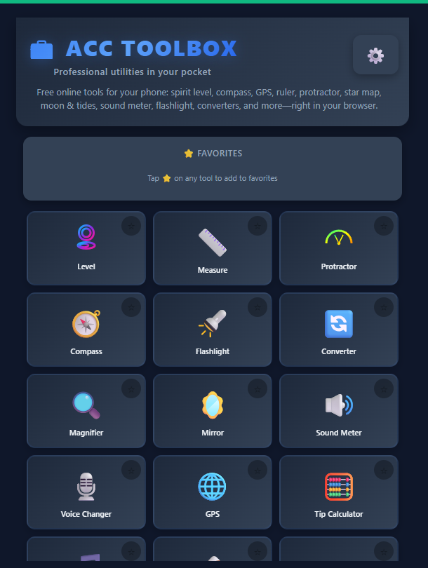 ACC Toolbox — free phone tools including level, compass, GPS, sound meter, and a barcode scanner