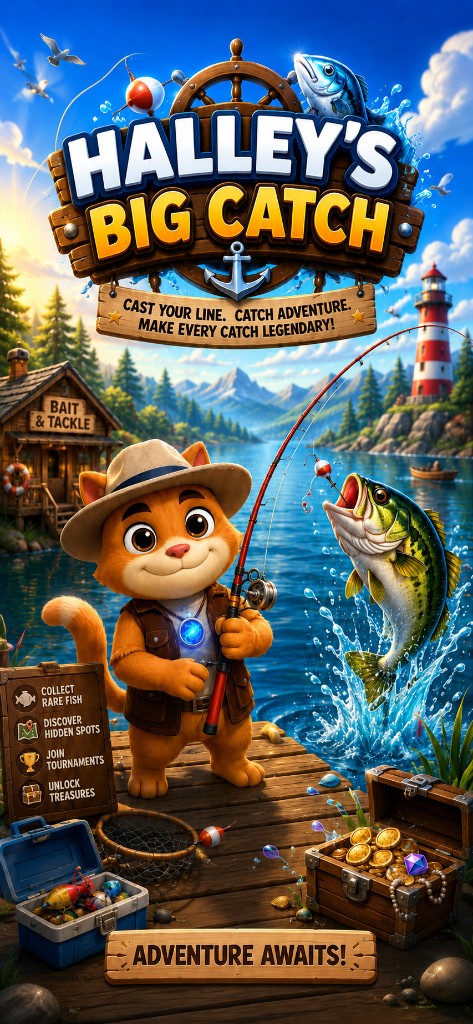 Halley's Big Catch — free 3D cat fishing game promotional poster