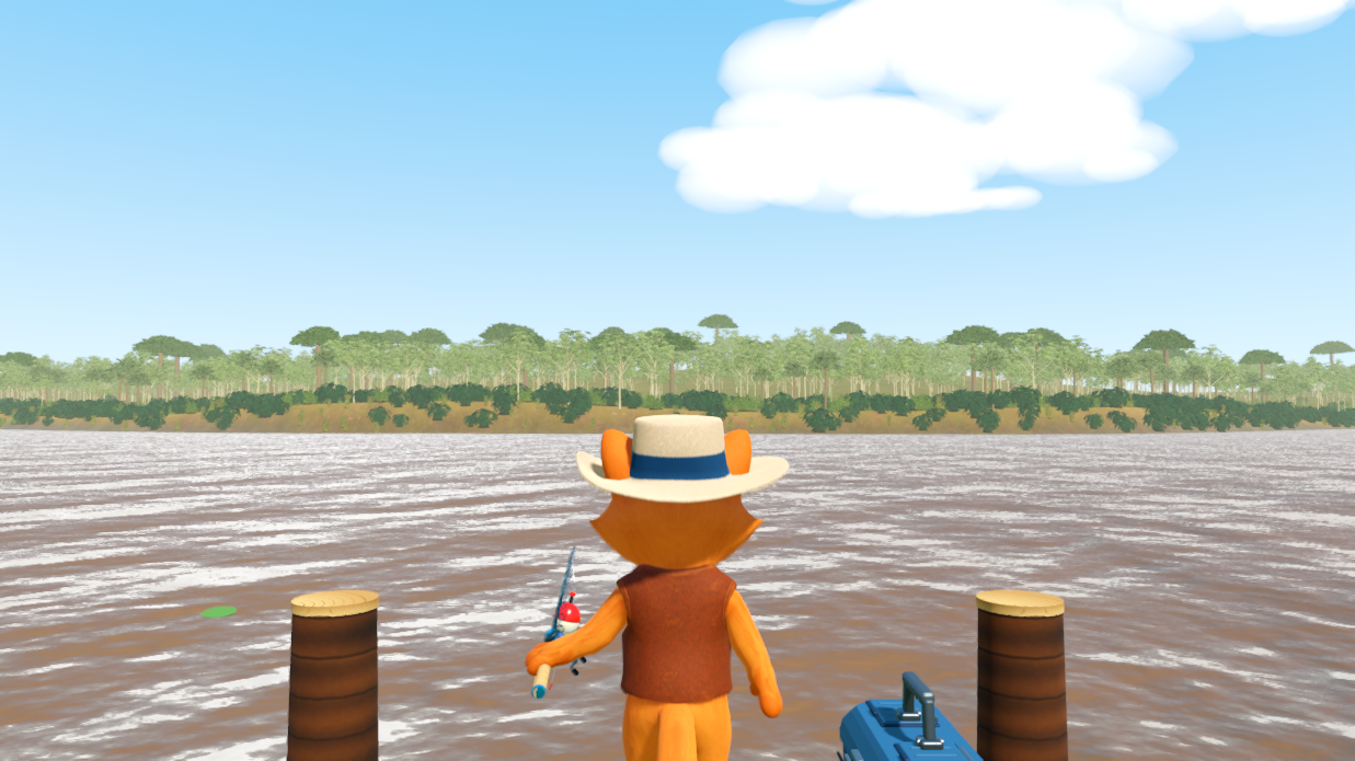 Halley on the Amazon Depths dock, facing the river and jungle