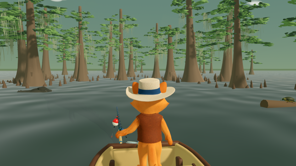 Halley fishing from a boat in Louisiana Bayou with cypress, alligator, and turtle