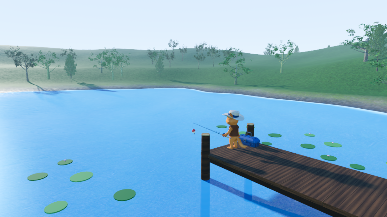 Halley on the Hidden Pond dock with lily pads and rolling green hills